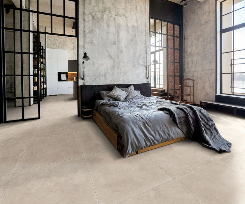 B&B Cave Clay en situation — carrelage effet béton