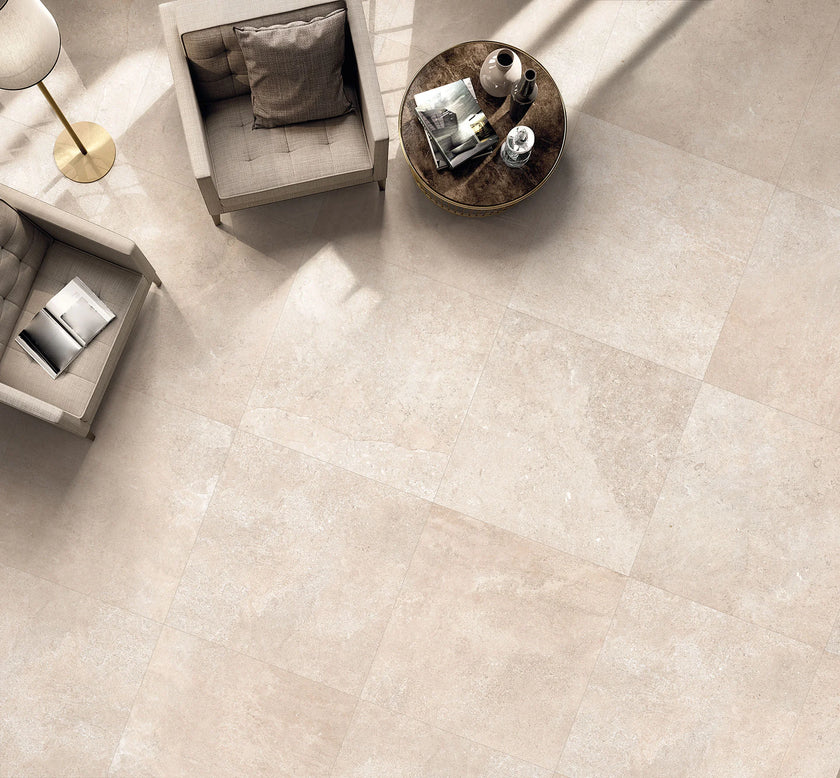 B&B Beauvistone Beige en situation — carrelage effet pierre