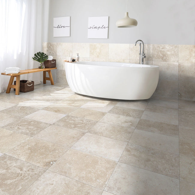 B&B Travertino Classic en situation — carrelage effet pierre