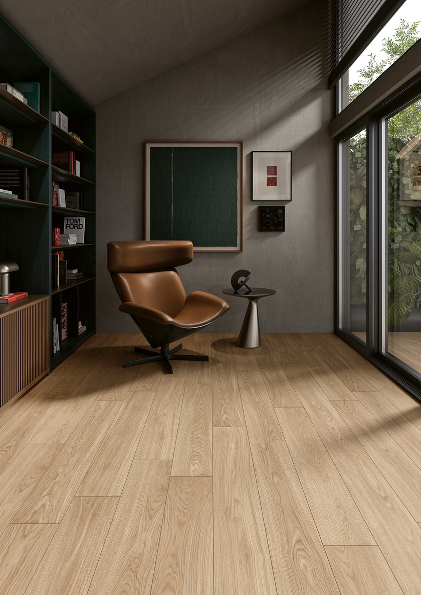 Lames Margres Bare&Bold Bare Beige 20x120 en ambiance bureau