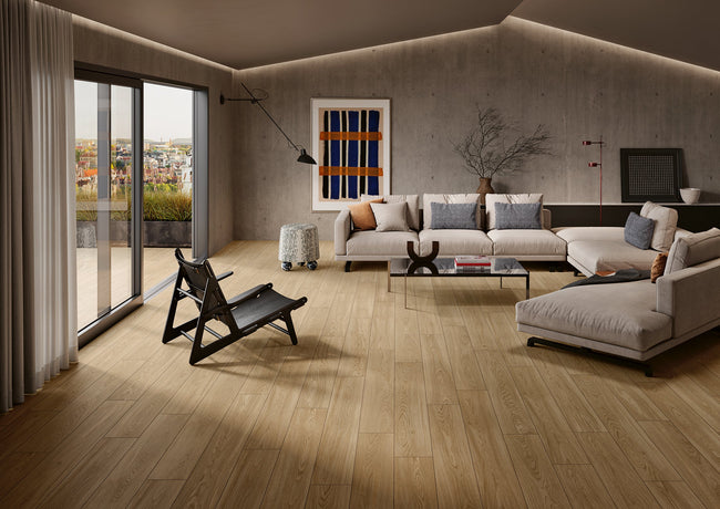 Lames Margres Bare&Bold Bare Cream 20x120 en ambiance salon