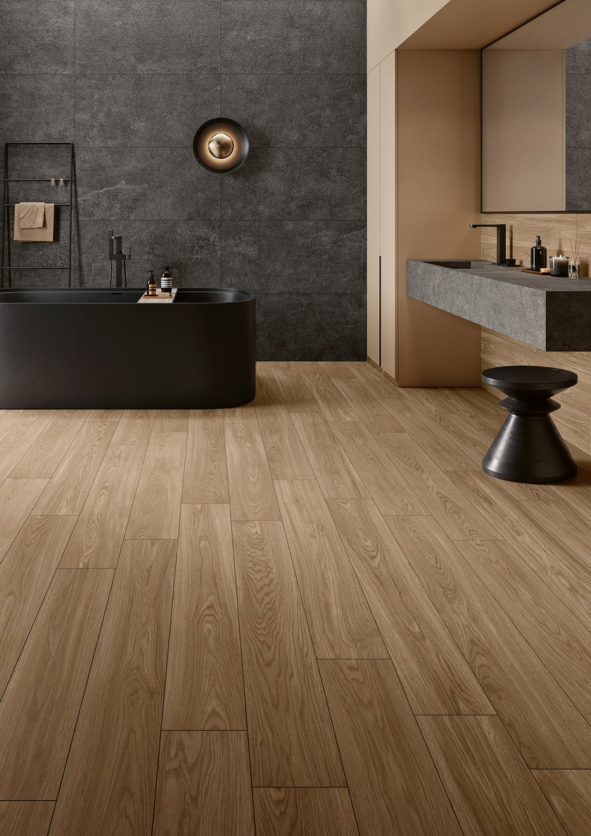 Lames Margres Bare&Bold Bare Dark Beige 20x120 en ambiance salle d'eau