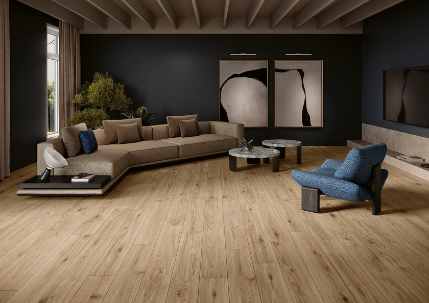 Lames Margres Bare&Bold Bold Beige 20x120 en ambiance salon