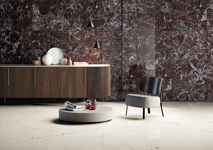 Fioranese Marmorea Intensa Venato Caramel en situation — carrelage effet marbre