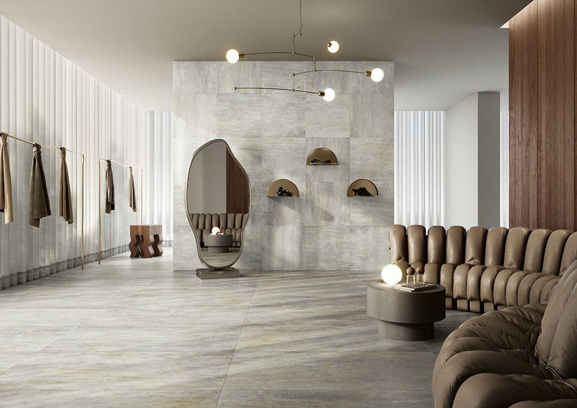 Serenissima Fossil Perla en situation — carrelage effet marbre