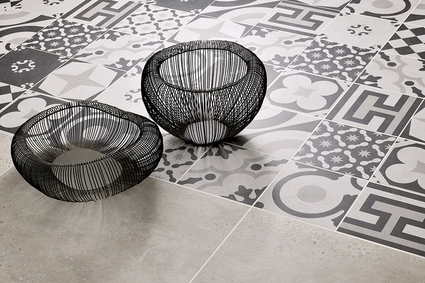 Fioranese Cementine Black & White Mix en situation — carrelage carreau de ciment