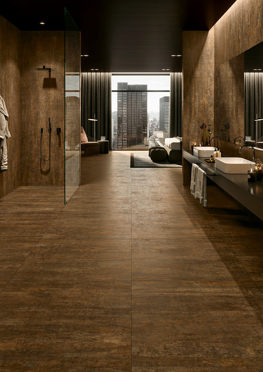 Carrelage Margres Linea Cosmos Corten en ambiance salle de bains