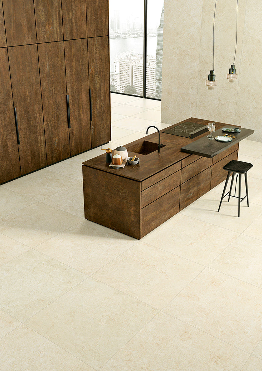 Carrelage Margres Linea Cosmos Corten associé à Linea Slabstone White en ambiance