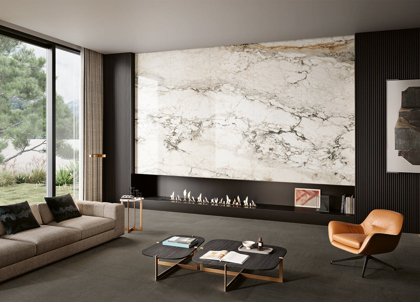 Dalle Margres Linea Endless Breccia Capraia polie en ambiance, associée à Linea Slabstone