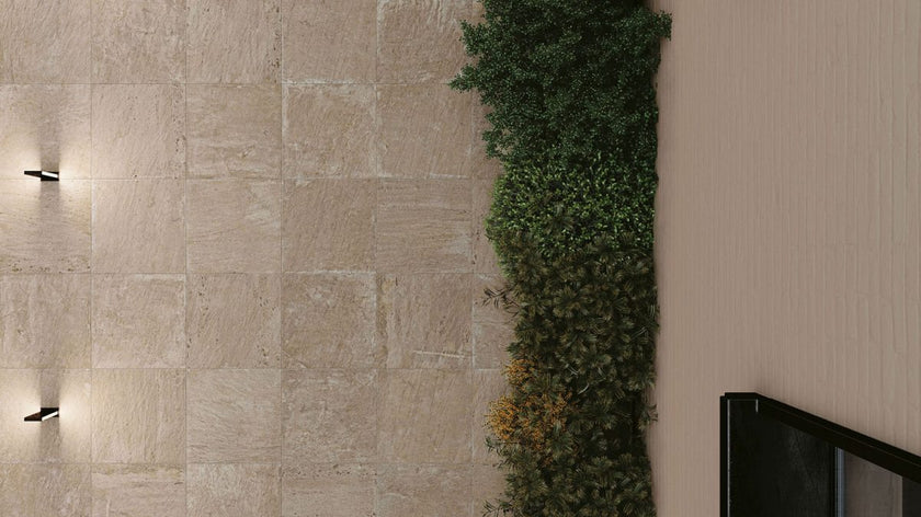 NOVOCERAM LOSA BANDES ROMAINES AQUITANIA OUTDOOR PLUS 20 mm — Calcite en extérieur, vue zénithale