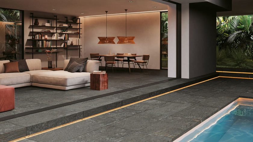 NOVOCERAM LOSA OPUS ROMAIN BRESTIA OUTDOOR PLUS 20 mm — Graphite, plage de piscine