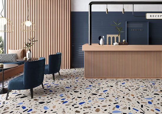 Fioranese Fio. Ghiaia Maxi Grigio en situation — carrelage effet terrazzo