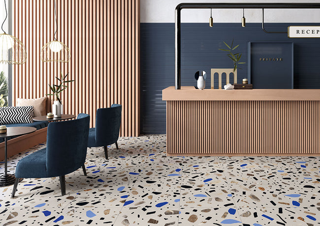 Fioranese Fio. Ghiaia Maxi Grigio en situation — carrelage effet terrazzo