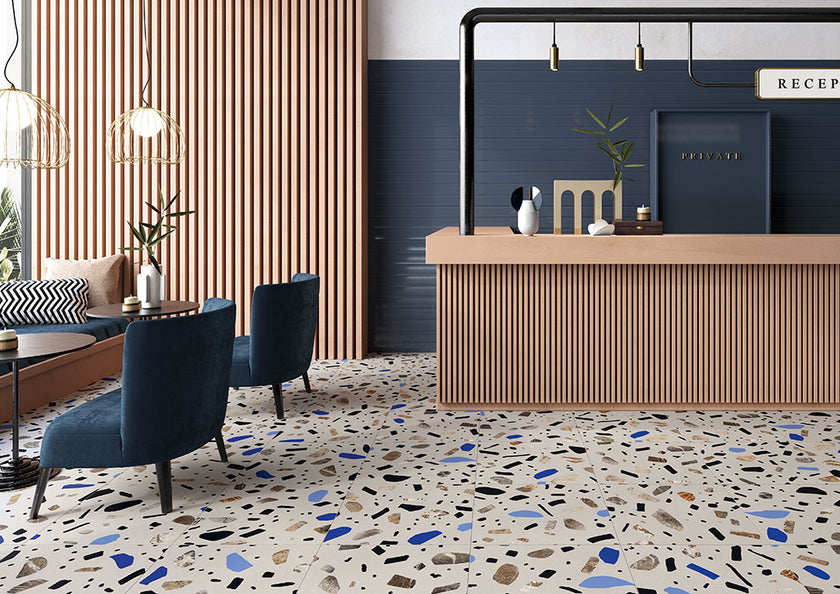 Fioranese Fio. Ghiaia Maxi Grigio en situation — carrelage effet terrazzo