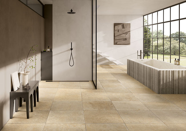 Fioranese Borgogna Pietra di Fez Beige en situation — carrelage effet pierre