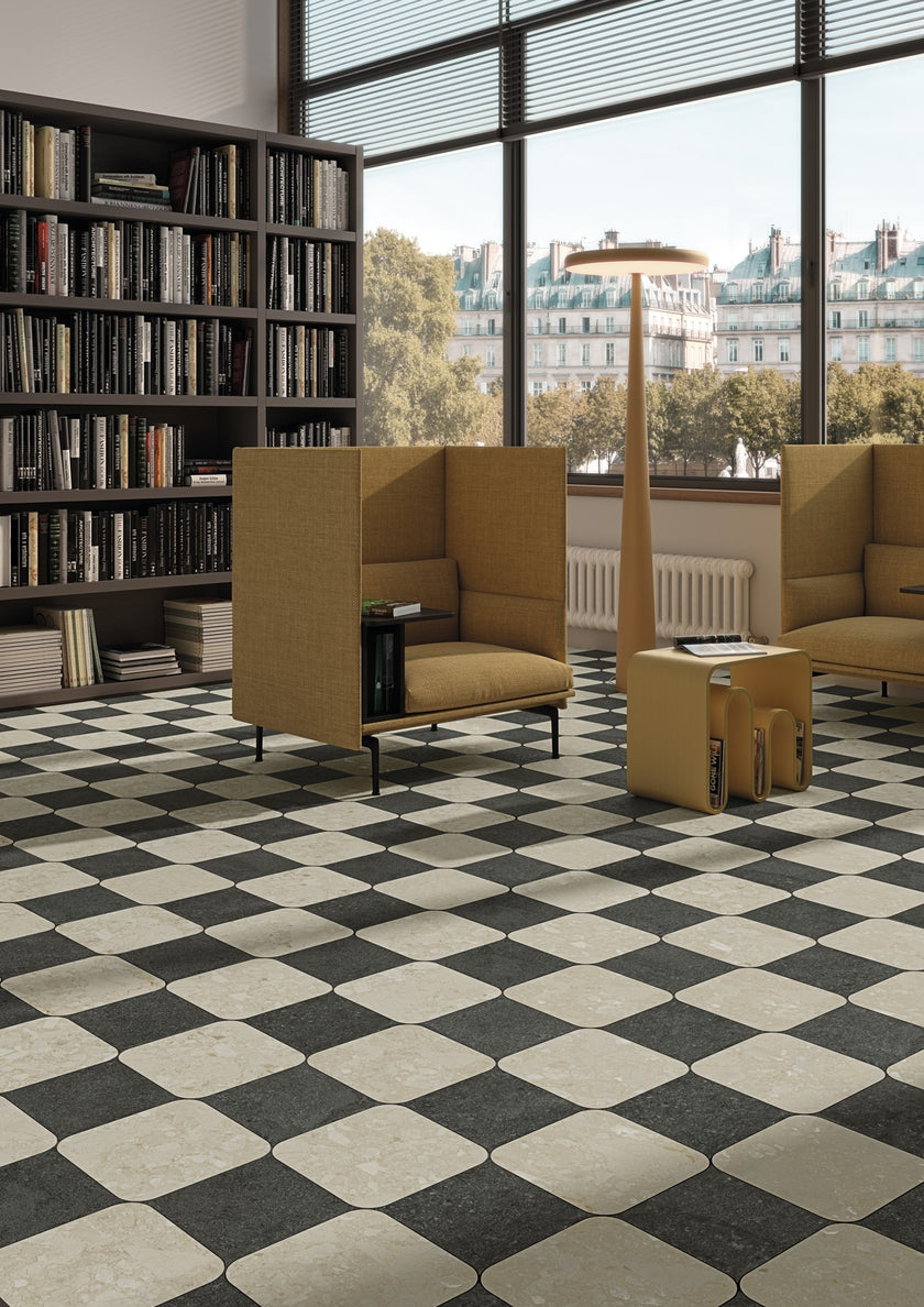 ARCANA Black&Cream en situation — carrelage effet pierre