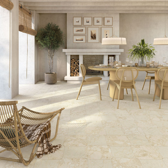 ARCANA Black&Cream en situation — carrelage effet pierre