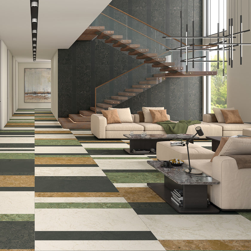 ARCANA Black&Cream en situation — carrelage effet pierre