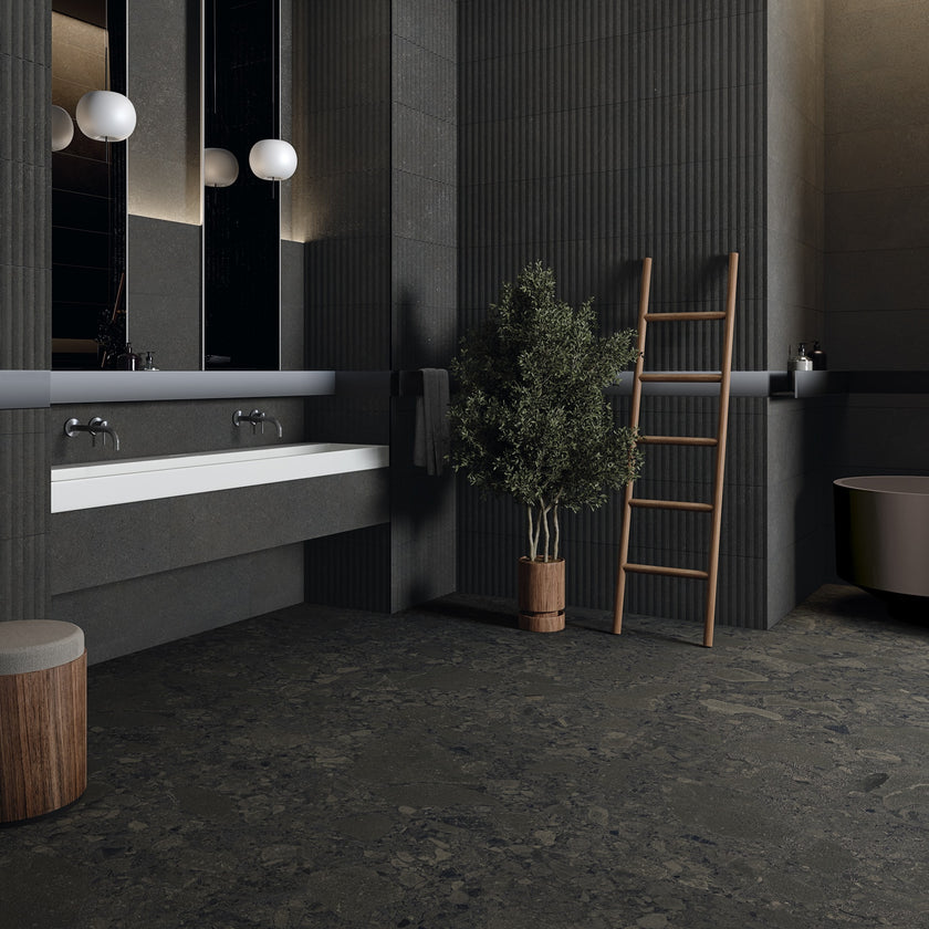 ARCANA Black&Cream en situation — carrelage effet pierre