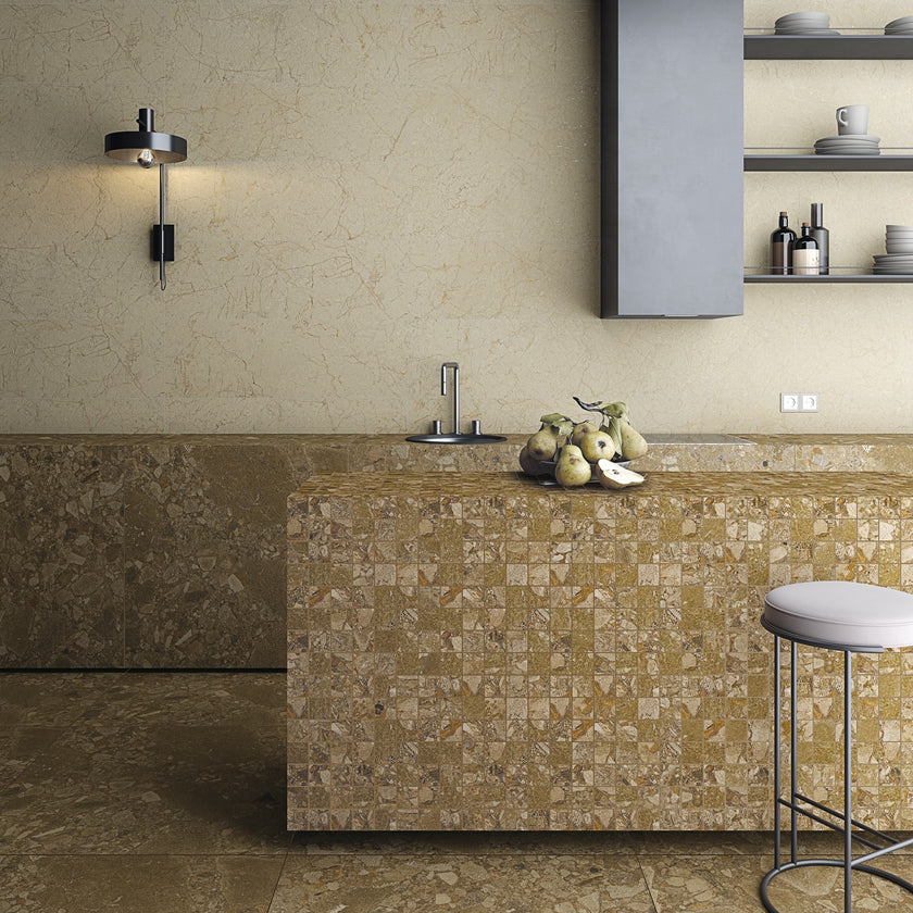 ARCANA Black&Cream en situation — carrelage effet pierre