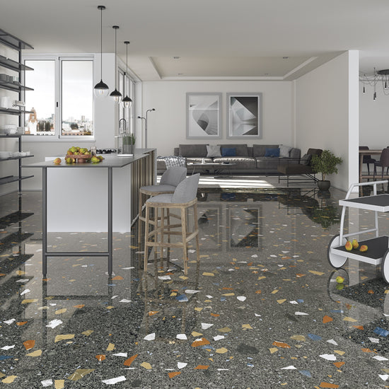 ARCANA Stracciatella en situation — carrelage effet terrazzo