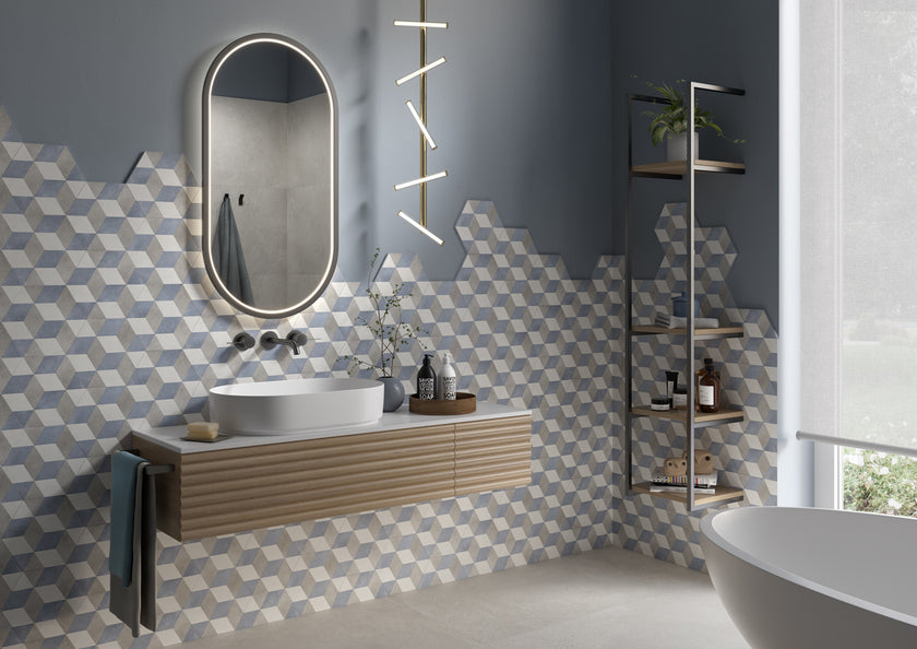 Ambiance carrelage Elios Hexagon hexagon cube sky amb