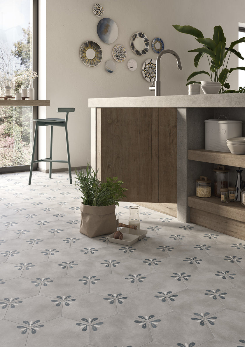 Ambiance carrelage Elios Hexagon hexagon lily grey amb