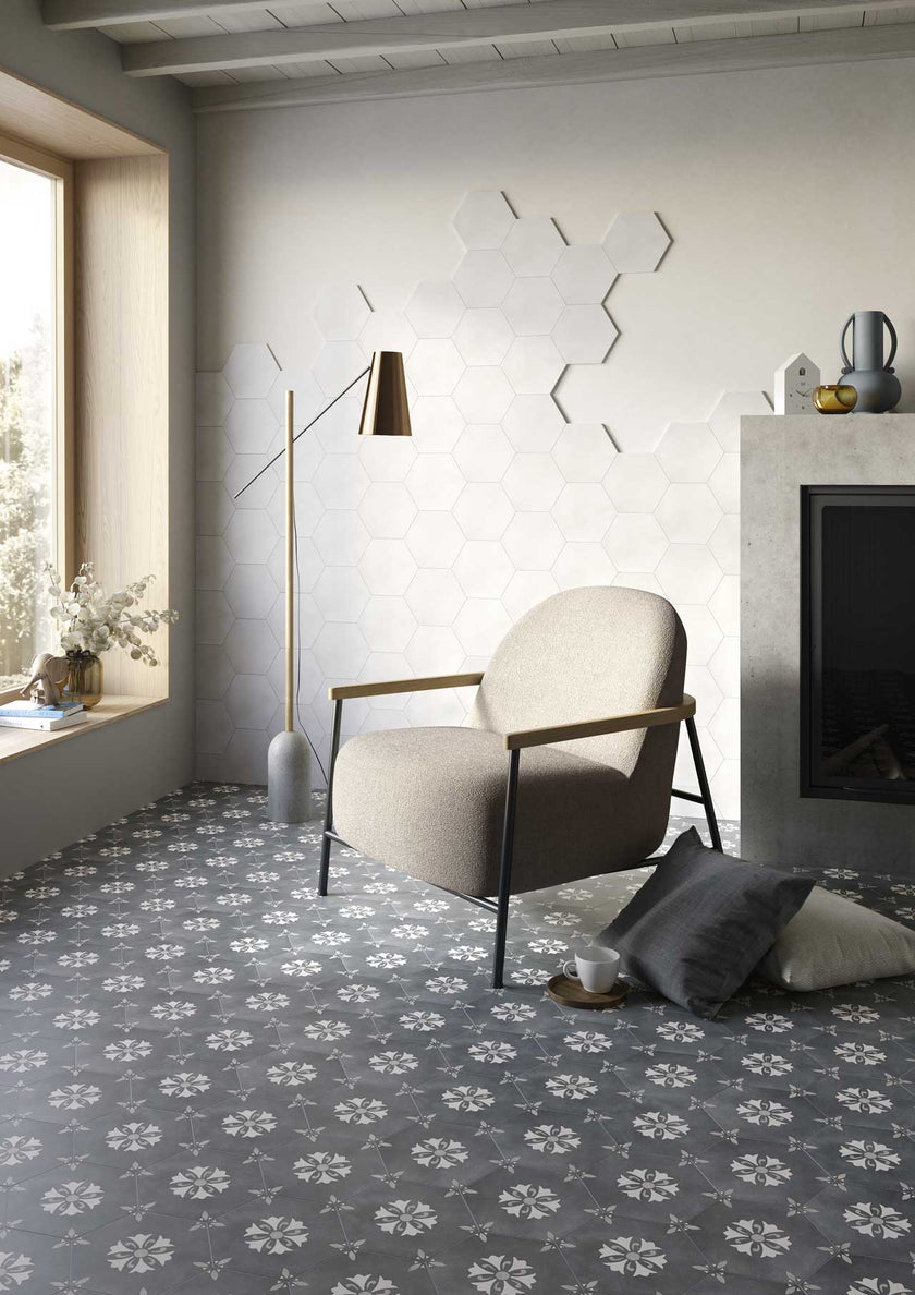 Ambiance carrelage Elios Hexagon hexagon lily teal amb