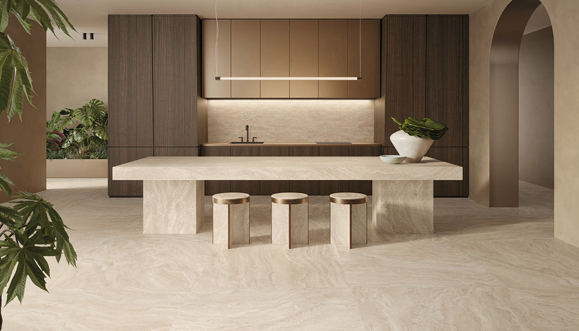 Ambiance carrelage Emil Dual Travertine Dualtravertine Beige 120x120, 120x278, 5,3x30 Amb Cucina