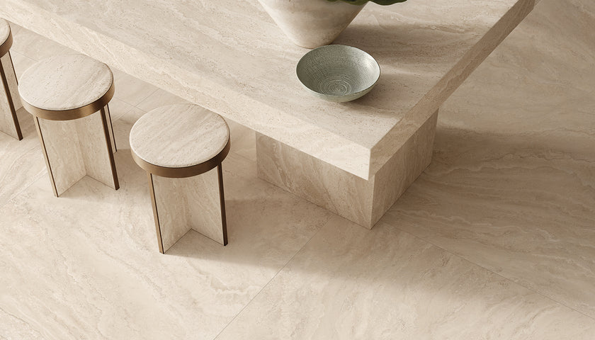 Ambiance carrelage Emil Dual Travertine Dualtravertine Beige 120x120, 120x278 Part Amb Cucina