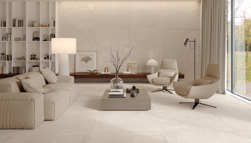Ambiance carrelage Emil Ever-Stone Everstone 100x100 60x120 Ivory Amb Living