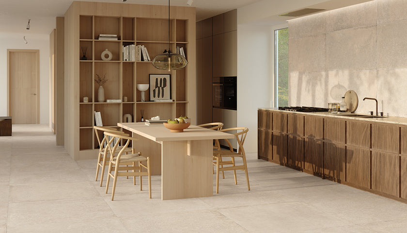 Ambiance carrelage Emil Ever-Stone Everstone Sand 100x100 60x120 Amb Cucina