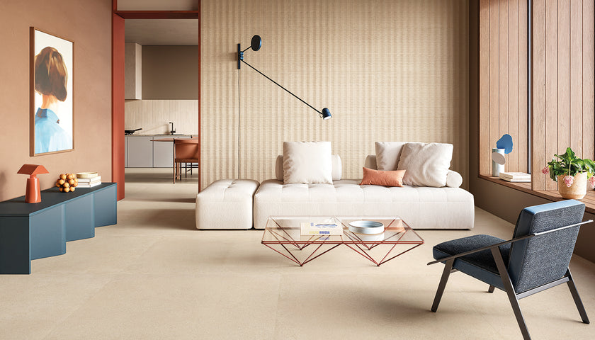 Ambiance carrelage Emil Pietra Essenza Pietra Essenza Mandorla 120x120 Dune 60x120 Filobrick 7x29 Amb Living