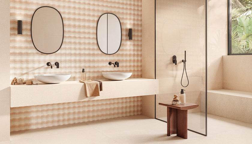 Ambiance carrelage Emil Pietra Essenza Pietra Essenza Sabbia 120x120, Rosa Polvere, Sabbia 60x120 Dune Multicolor 60x120 Amb Bagno