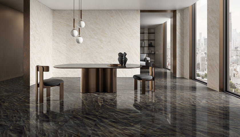 Ambiance carrelage Emil Tele di Marmo Crystal TDM Crystal Vitrum Black, White 120x278 Amb Studio
