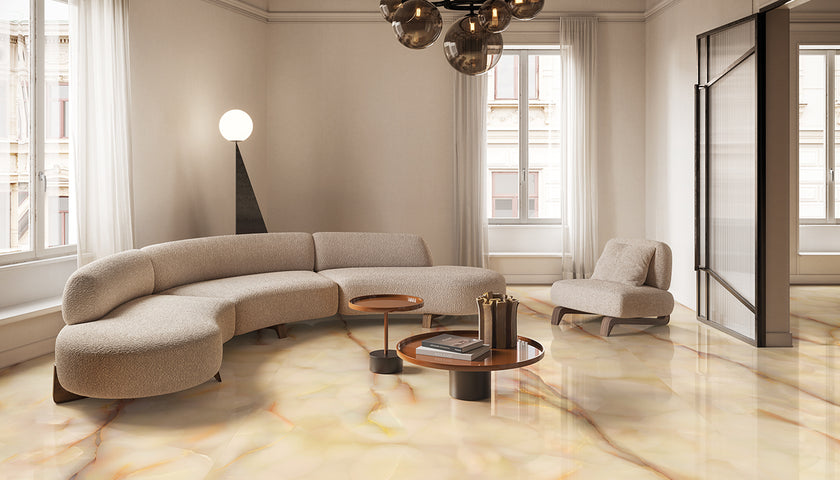 Ambiance carrelage Emil Tele di Marmo Pure Onyx TDM Pure Onyx Miele 120x278 Amb Living