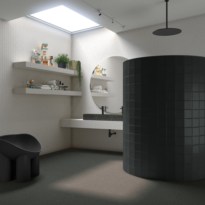 Ambiance carrelage VIVES Micra Grafito Deca Grafito Gluon Cuark Blanco