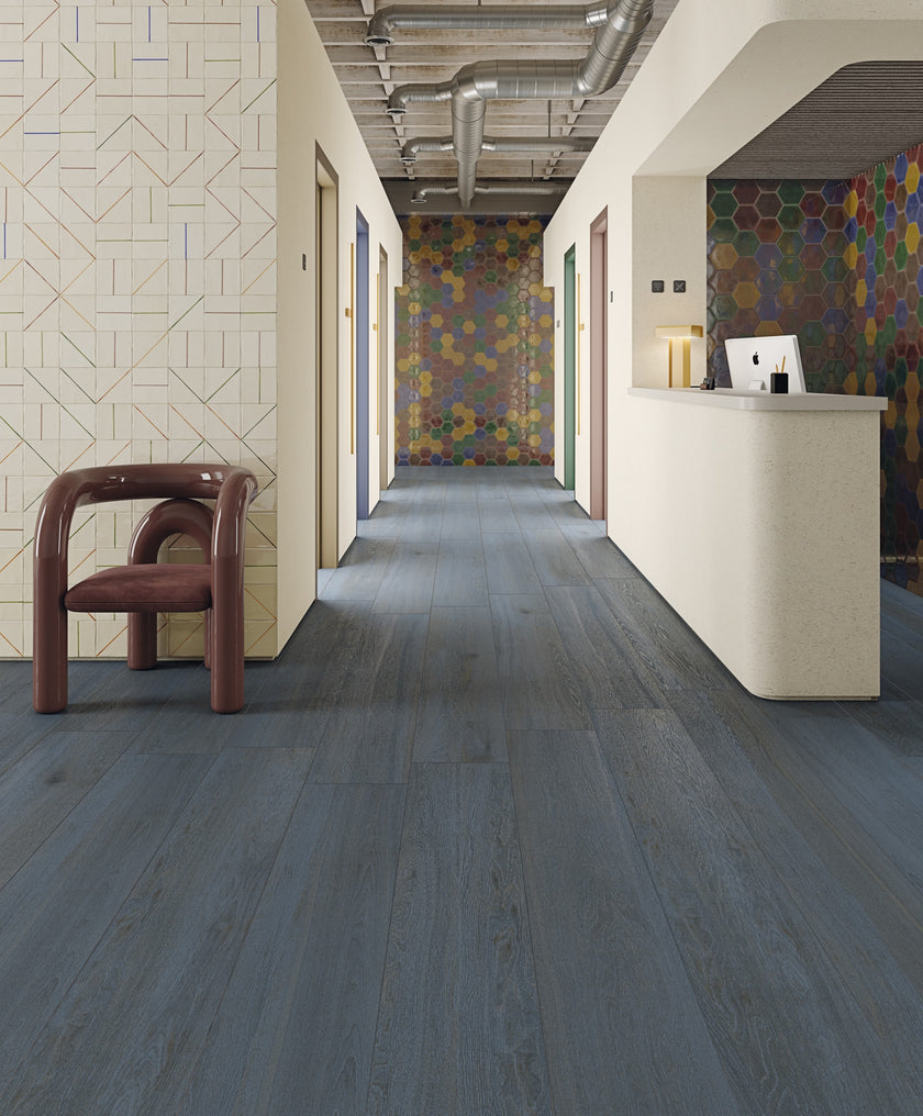 Ambiance carrelage VIVES Lignum Blue Hexagono Figuli Laetus