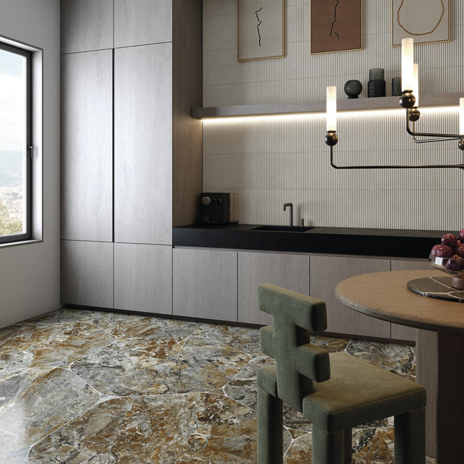 Ambiance carrelage VIVES Pietra Tassili Star Tassili Shard Blanco